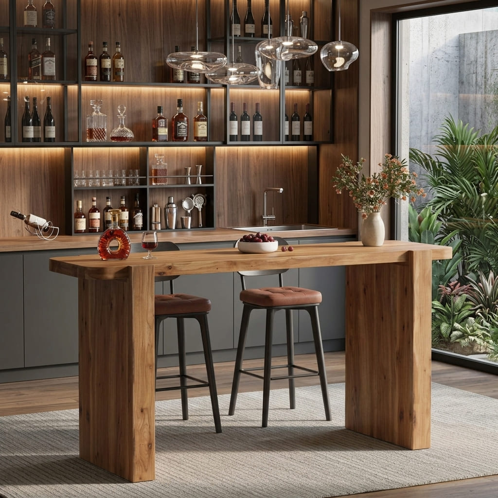 Japandi bar table crafted from premium solid wood with minimalist bar stools and warm ambient lighting