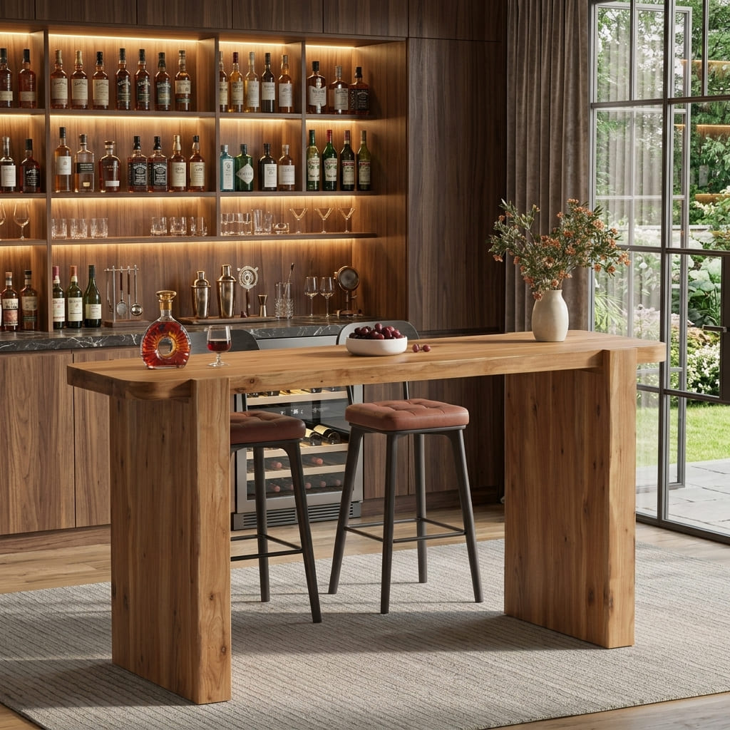 Natural wood kitchen island serving as a statement centerpiece in an open-concept kitchen