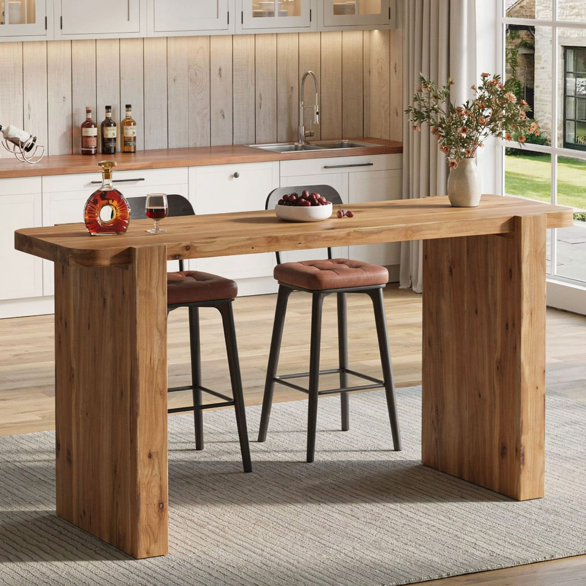 Japandi modern bar table paired with stools in a minimalist kitchen setting