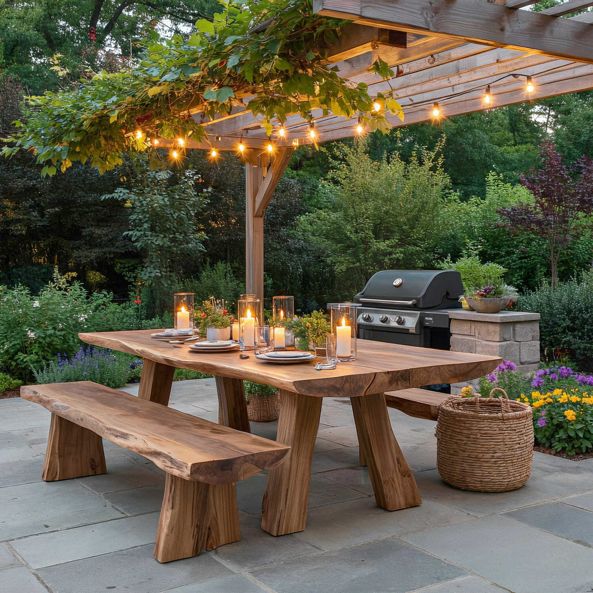 Organic live edge outdoor dining table crafted from premium solid wood