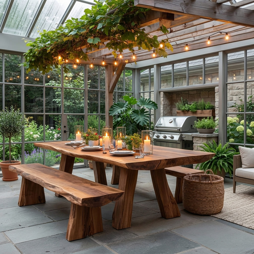 Handcrafted live edge dining table designed for elegant outdoor entertaining spaces