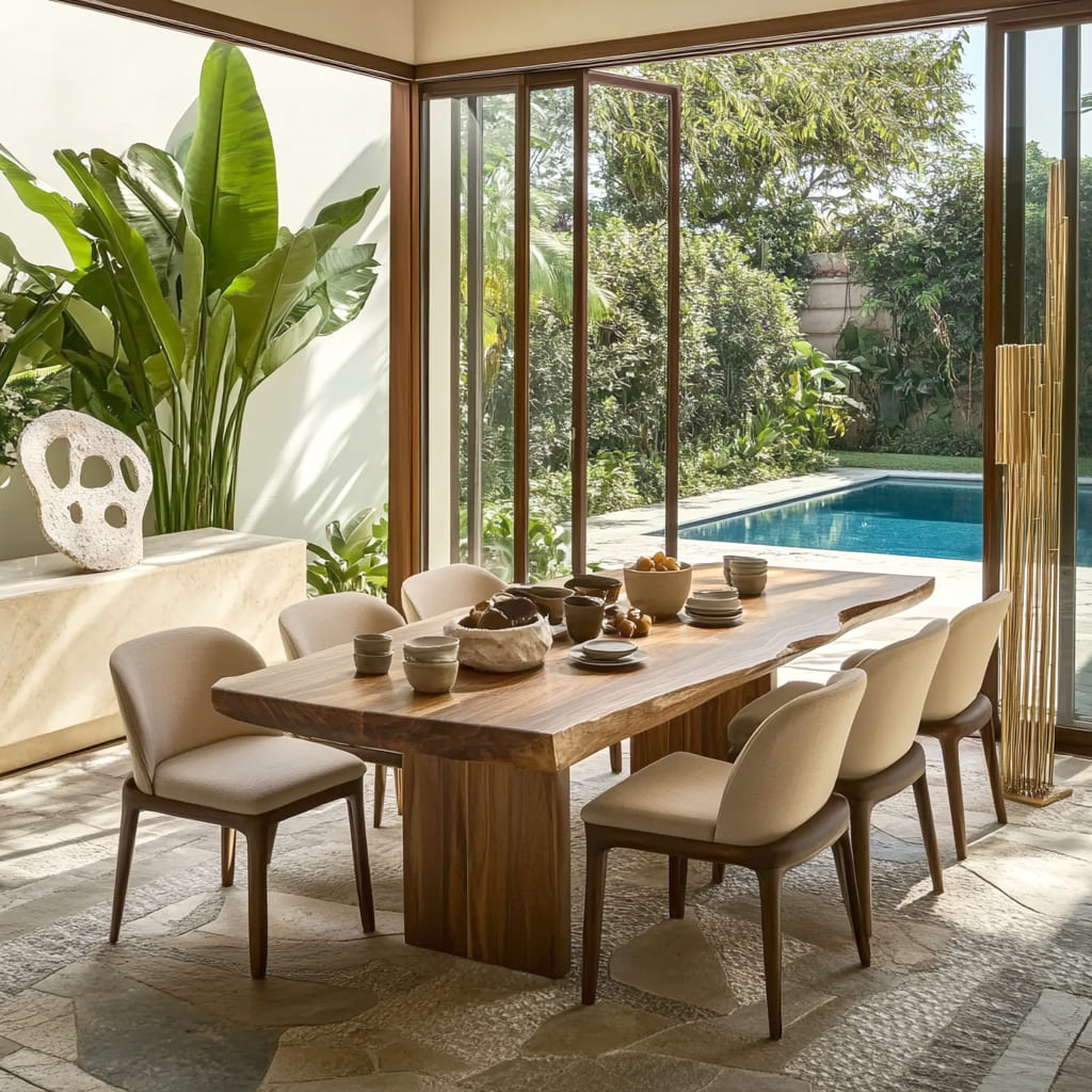Japandi-inspired solid wood dining table displayed beside a contemporary poolside retreat