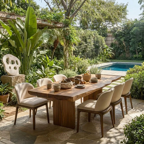 Organic Live Edge Solid Wood Outdoor Dining Table – Sculptural Japandi Garden & Poolside Table