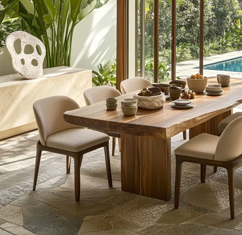 Live Edge Solid Wood Outdoor Dining Table - Sculptural Japandi Design
