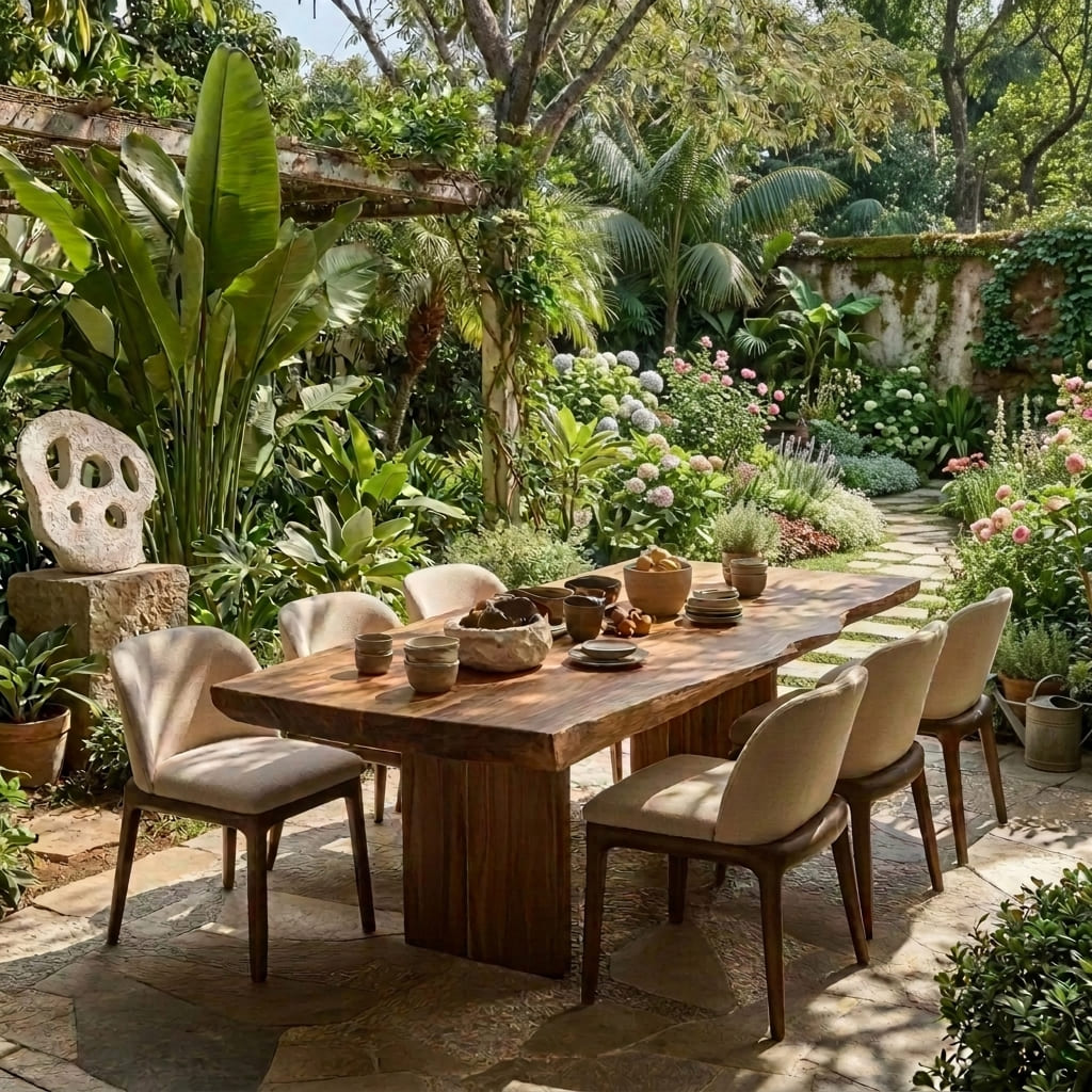 Live Edge Solid Wood Outdoor Dining Table - Sculptural Japandi Design