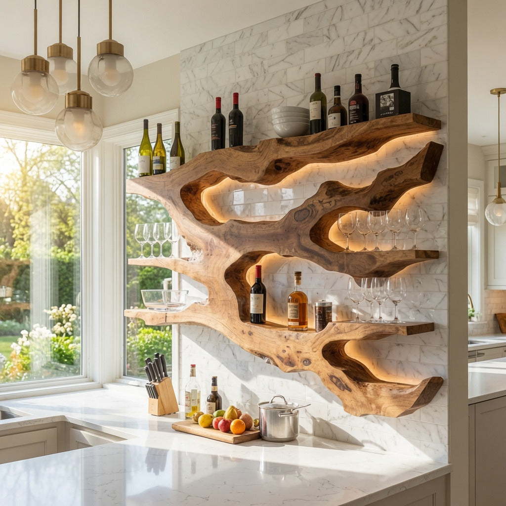 Handcrafted sculptural wooden shelf showcasing kitchen décor in a contemporary kitchen