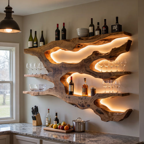 Organic Live Edge Solid Wood Sculptural Wall Shelf - Modern Wine & Kitchen Display