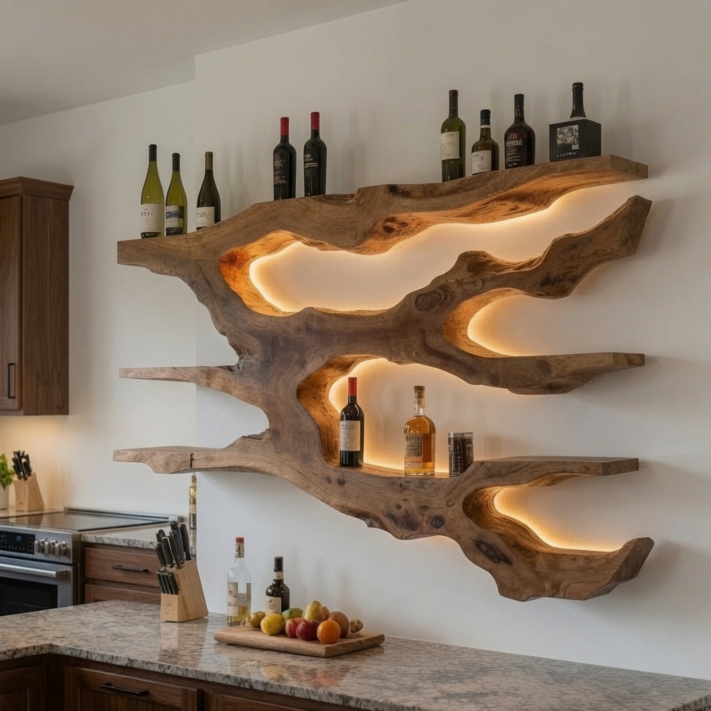 Artisan solid wood display shelf adding natural elegance to a stylish kitchen interior