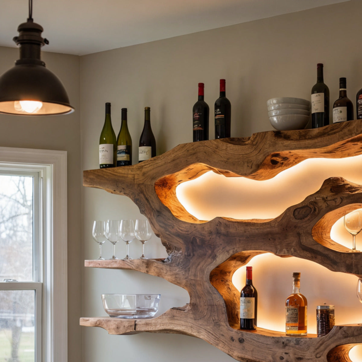 Modern live edge floating wall shelf crafted from natural hardwood