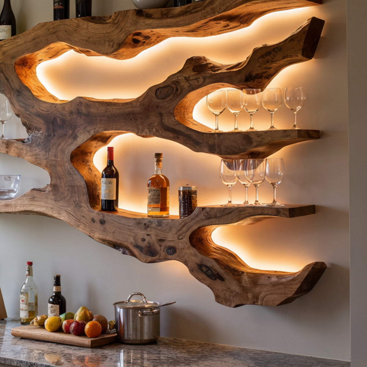 Rustic solid wood display shelf with organic live edge