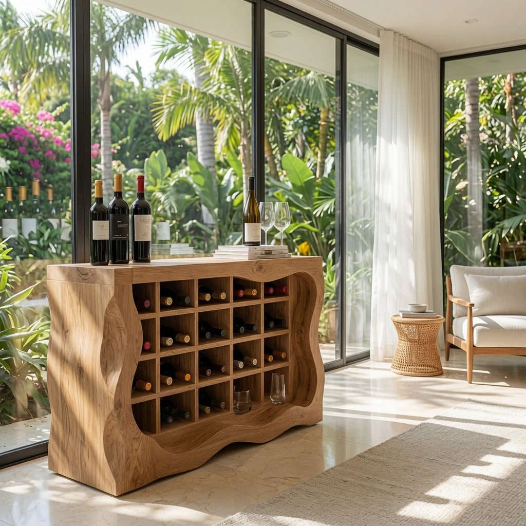 Sculptural live edge wine cabinet creating a focal point in a luxury entertaining space
