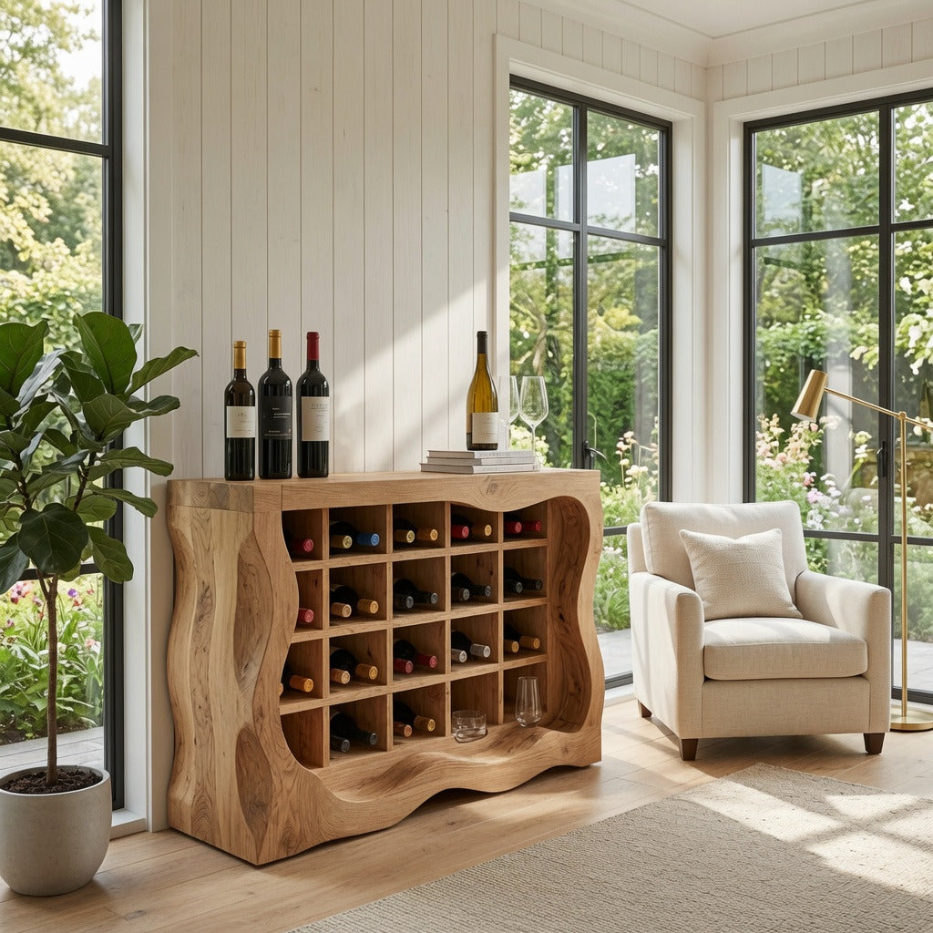 Organic live edge solid wood wine cabinet in a modern living room