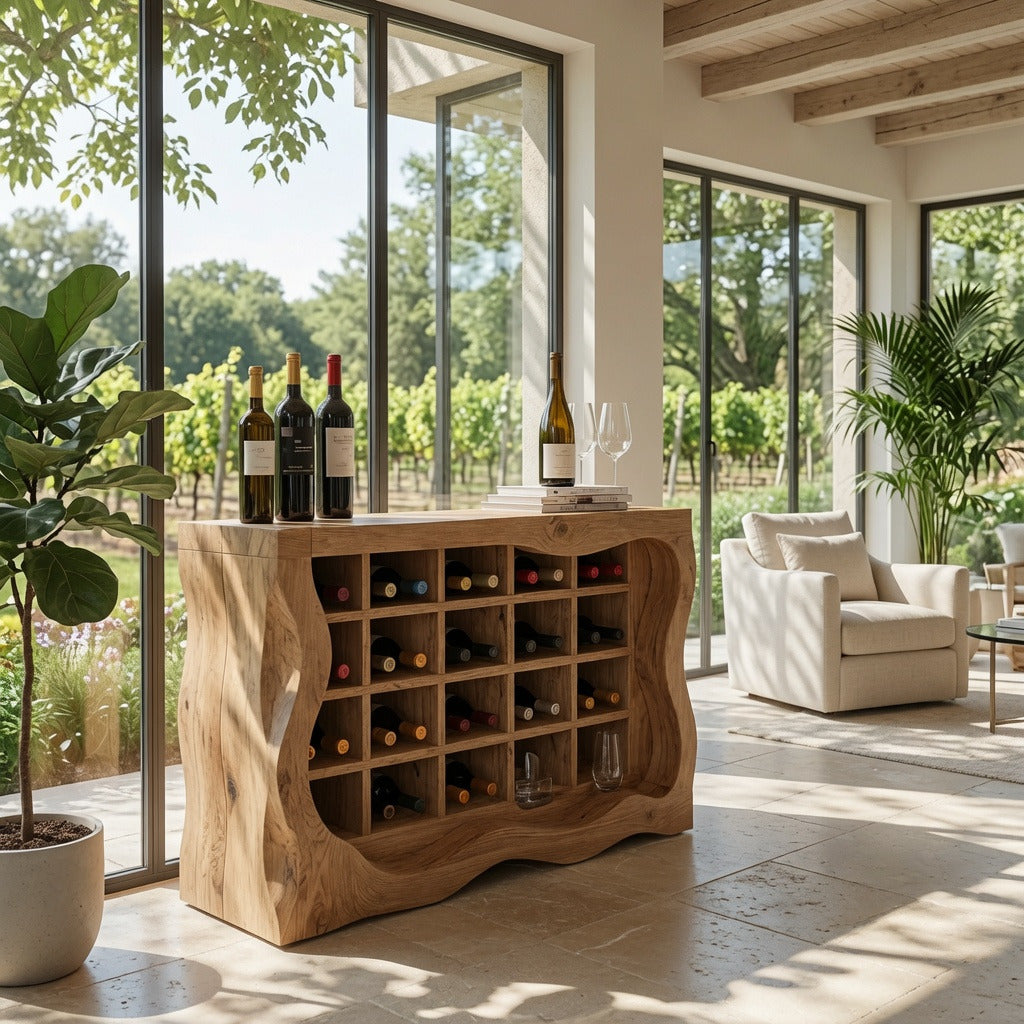 Organic live edge sculptural wine cabinet in solid wood