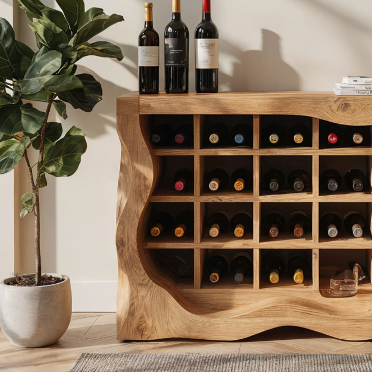 Artisan natural hardwood wine cabinet with sculptural design