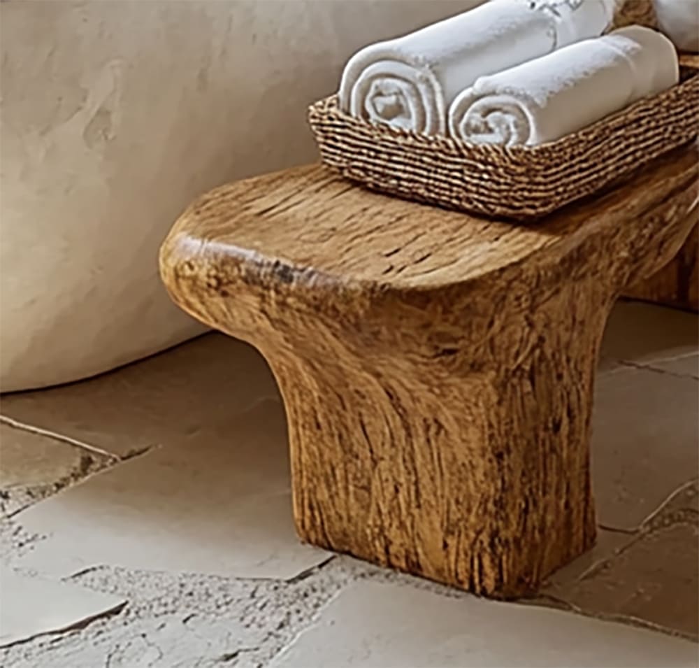 Solid wood bathtub bench featuring natural live edge details and organic craftsmanship