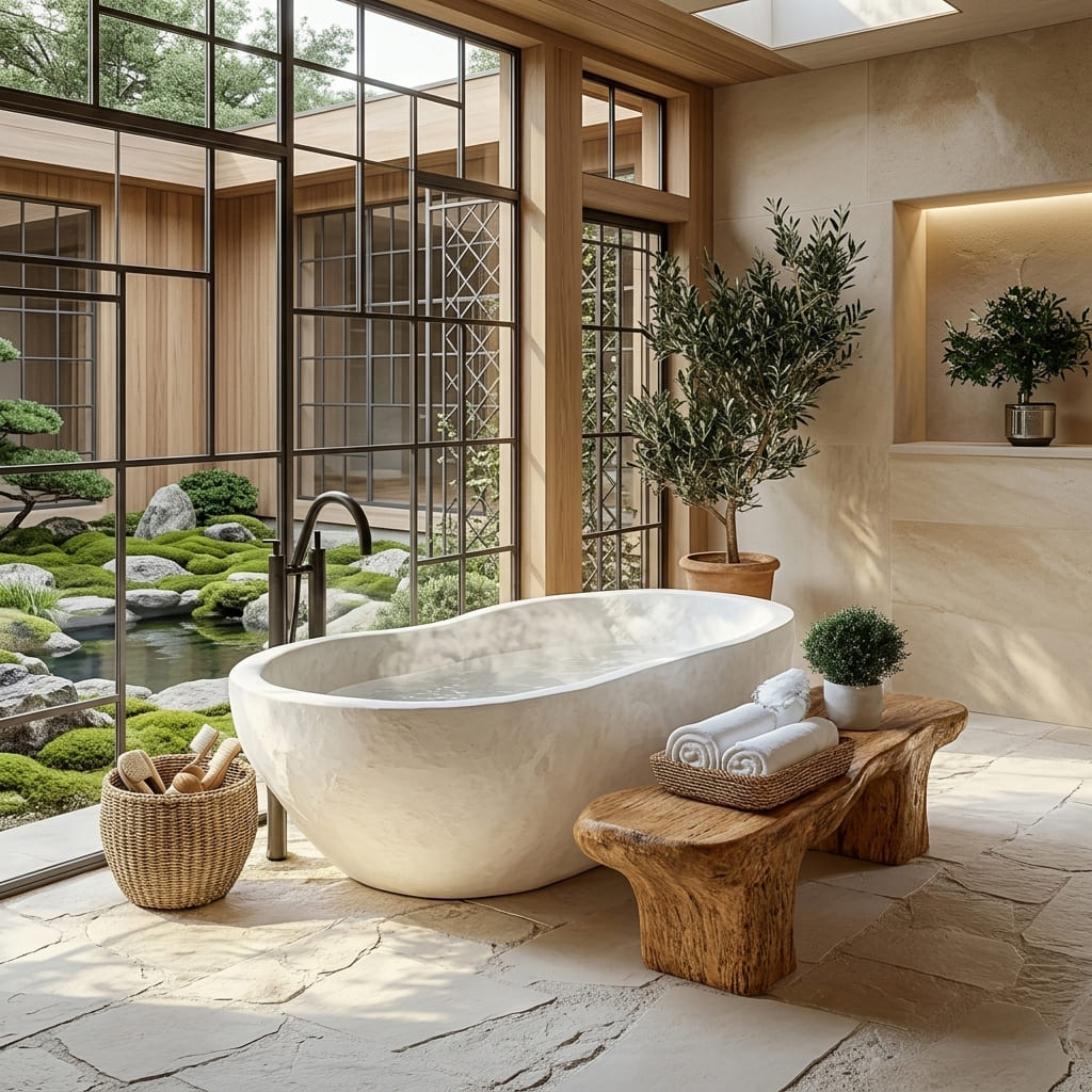 Live edge wood shower stool styled beside a freestanding bathtub in a spa-inspired bathroom