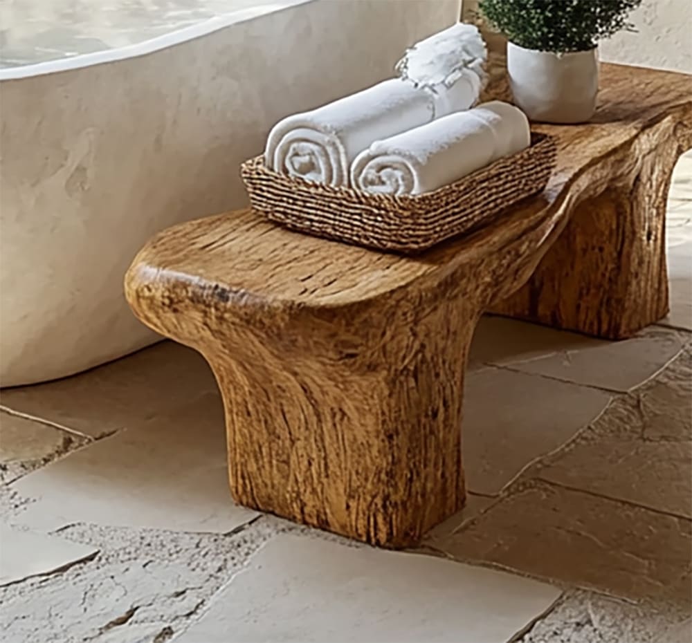 Solid wood bathtub bench featuring natural live edge details and organic craftsmanship