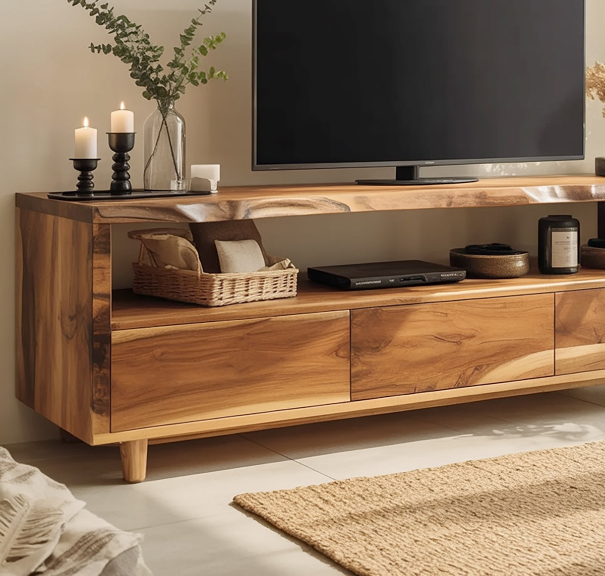 Organic live edge TV stand crafted from premium solid wood