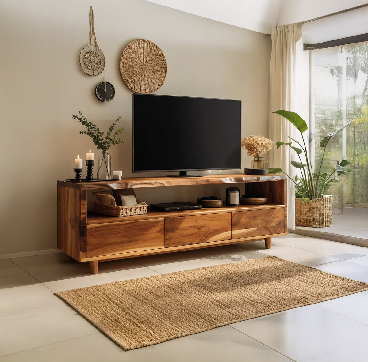 Organic solid wood TV stand with live edge design in a modern living room