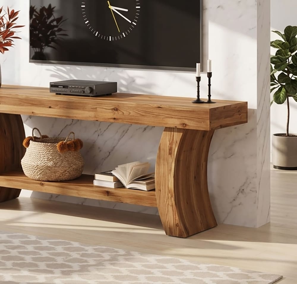 Solid wood entertainment console with live edge detailing and open storage for stylish home organization
