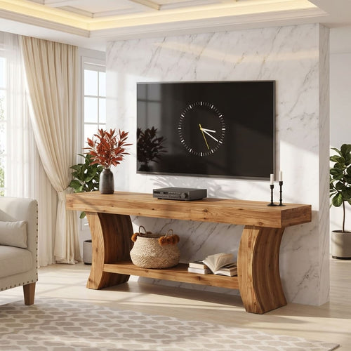 Organic Live Edge Solid Wood TV Stand with Sculptural River Legs & Lower Shelf