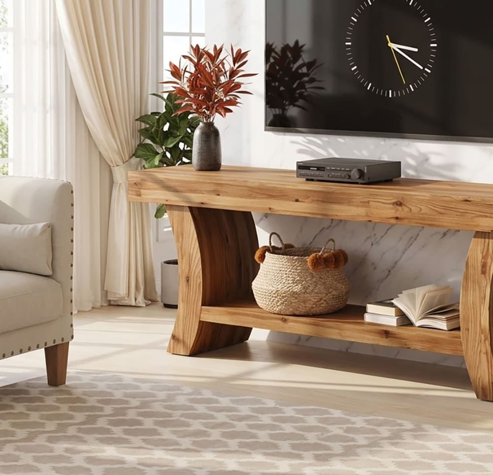 Live edge solid wood TV stand crafted with sculptural river legs and a lower shelf for modern living room decor
