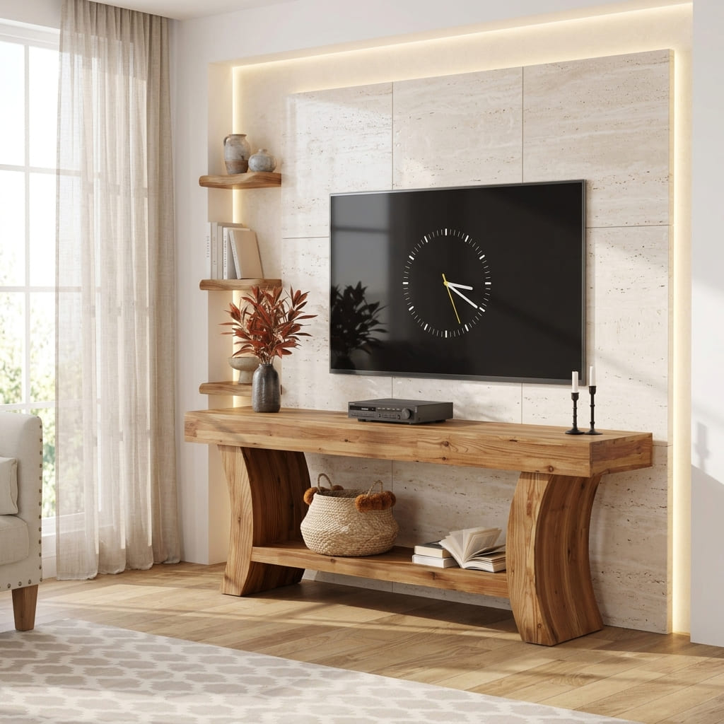 Organic solid wood TV stand with river legs in a modern living room