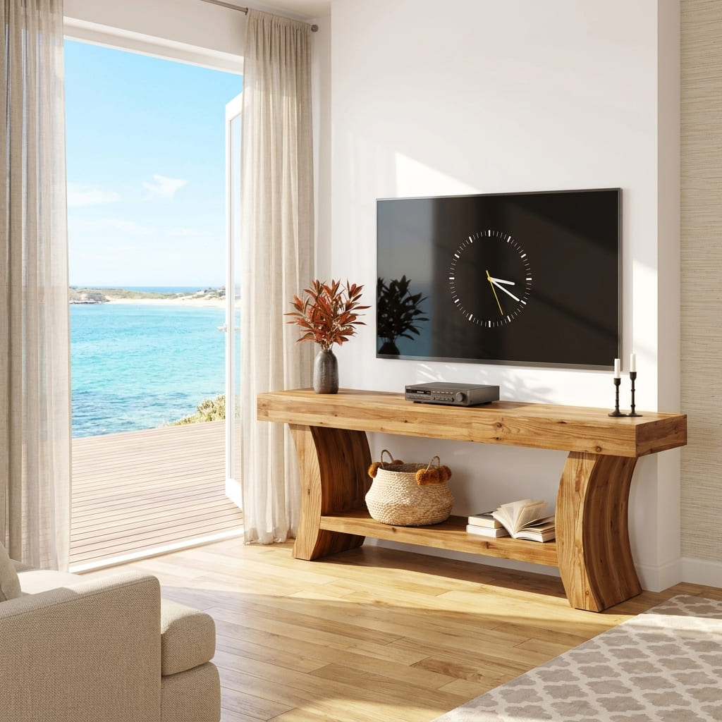 Live edge solid wood TV stand crafted with sculptural river legs and a lower shelf for modern living room decor