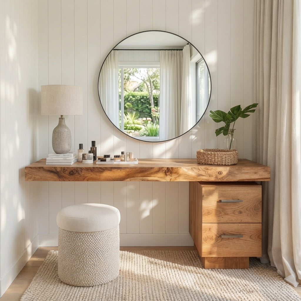 Organic live edge solid wood vanity desk in a modern bedroom
