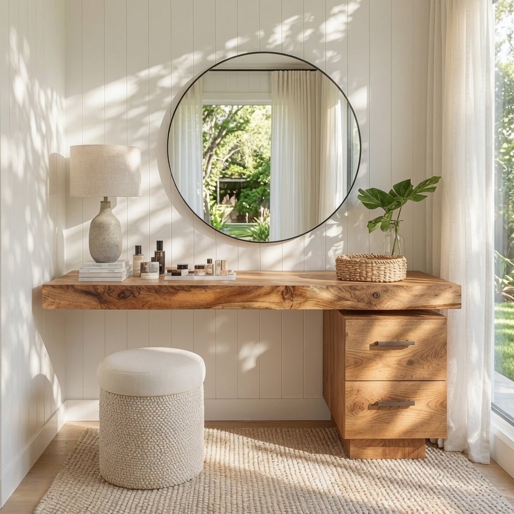 Live edge wooden makeup vanity with storage in a cozy dressing room