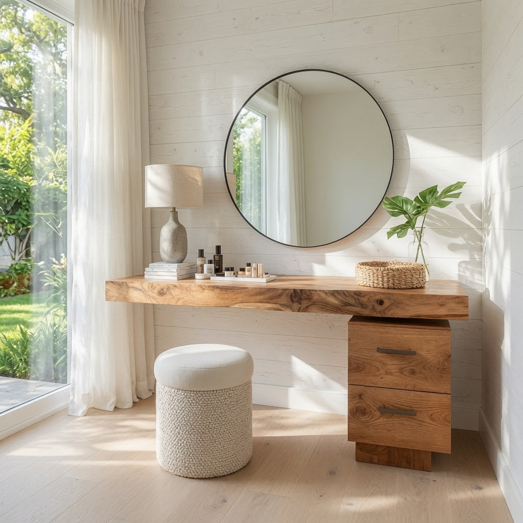 Rustic live edge vanity table displayed in an elegant bedroom interior