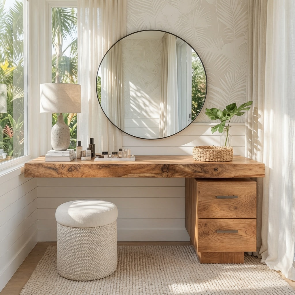 Organic wooden vanity desk creating a stylish makeup corner