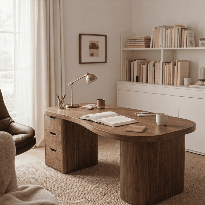 Organic modern curved executive desk in solid wood