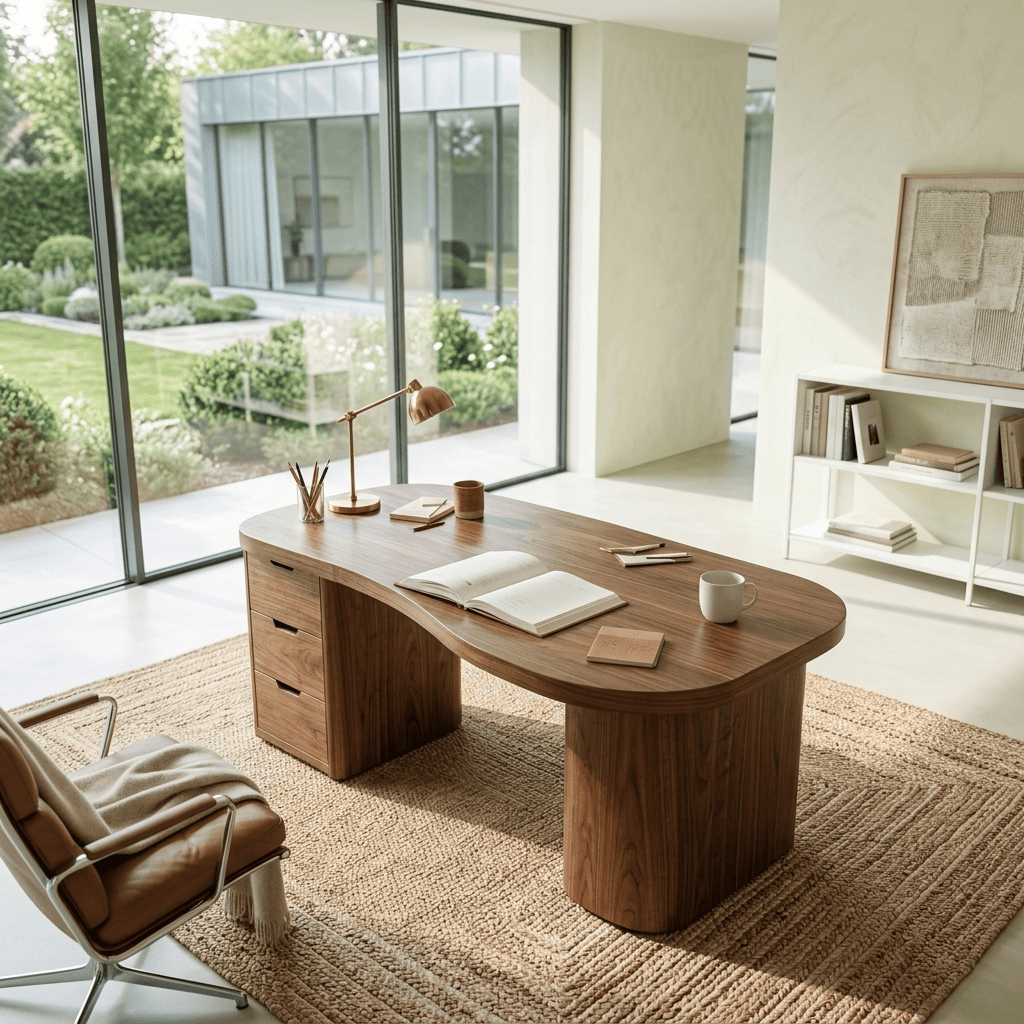 Organic modern solid wood curved executive desk in a contemporary home office