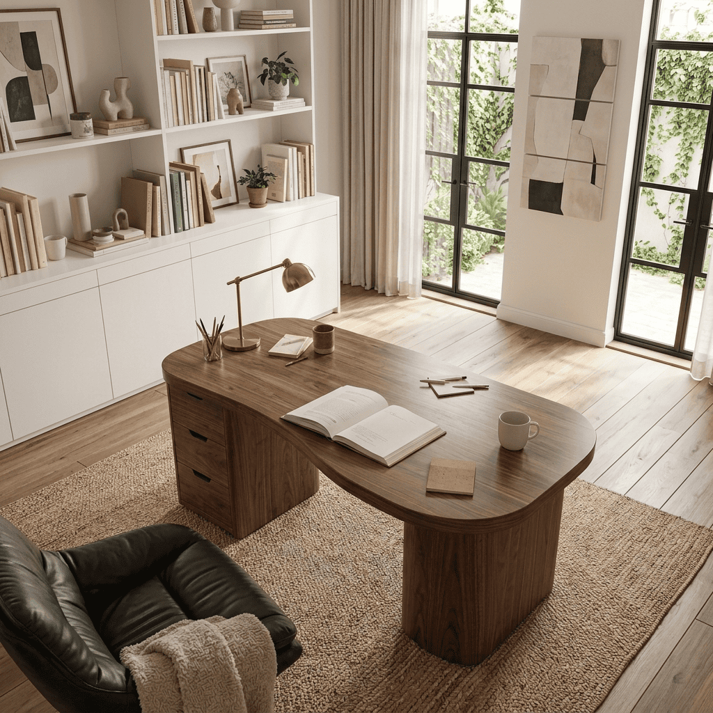 Handcrafted solid wood asymmetric timber workstation styled in a modern workspace