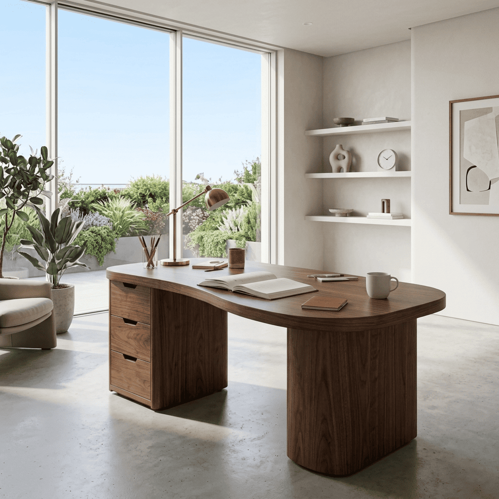 Sculptural solid wood curved desk displayed in a minimalist executive office