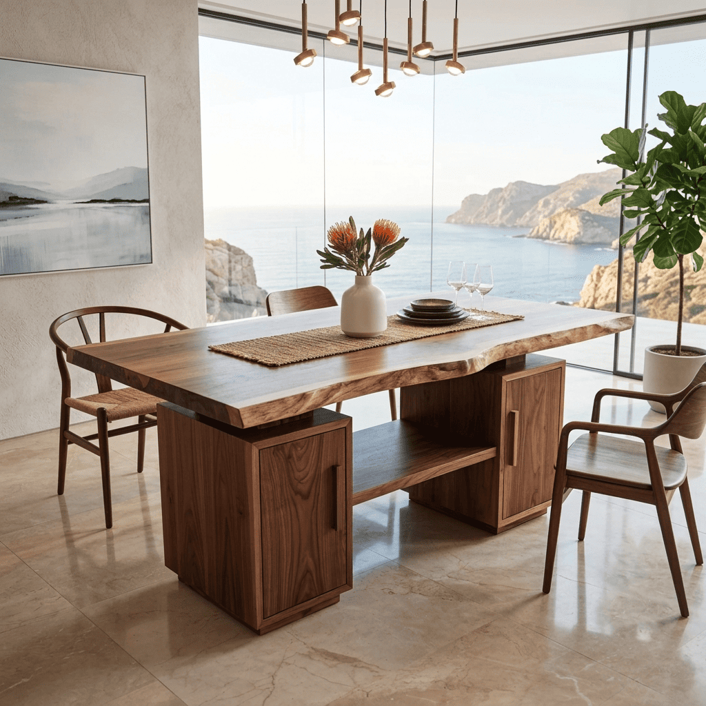 Organic Modern Live Edge Solid Wood Dining Table - Handcrafted Slab Table with Dual Storage Pedestals