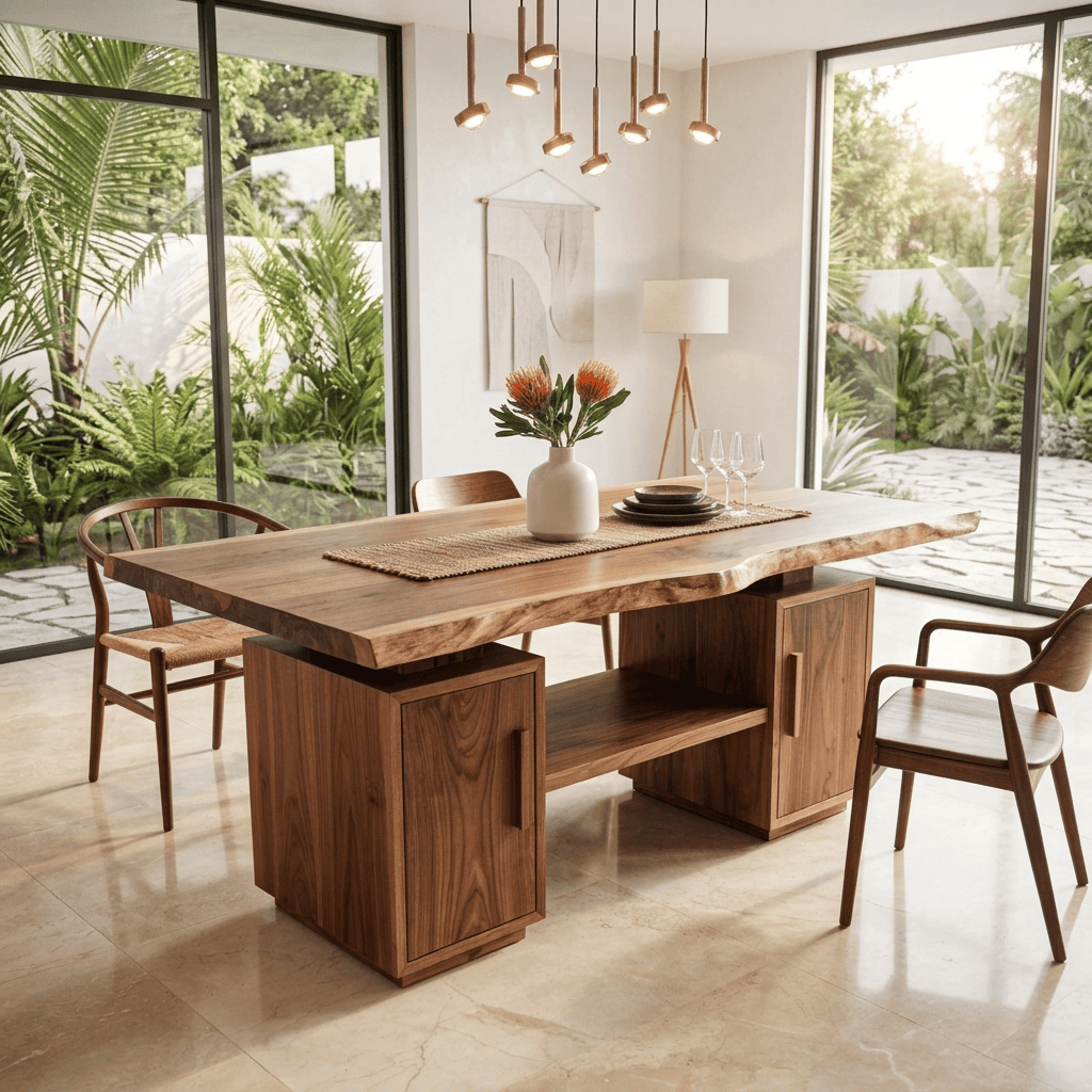 Organic Modern Live Edge Solid Wood Dining Table - Handcrafted Slab Table with Dual Storage Pedestals