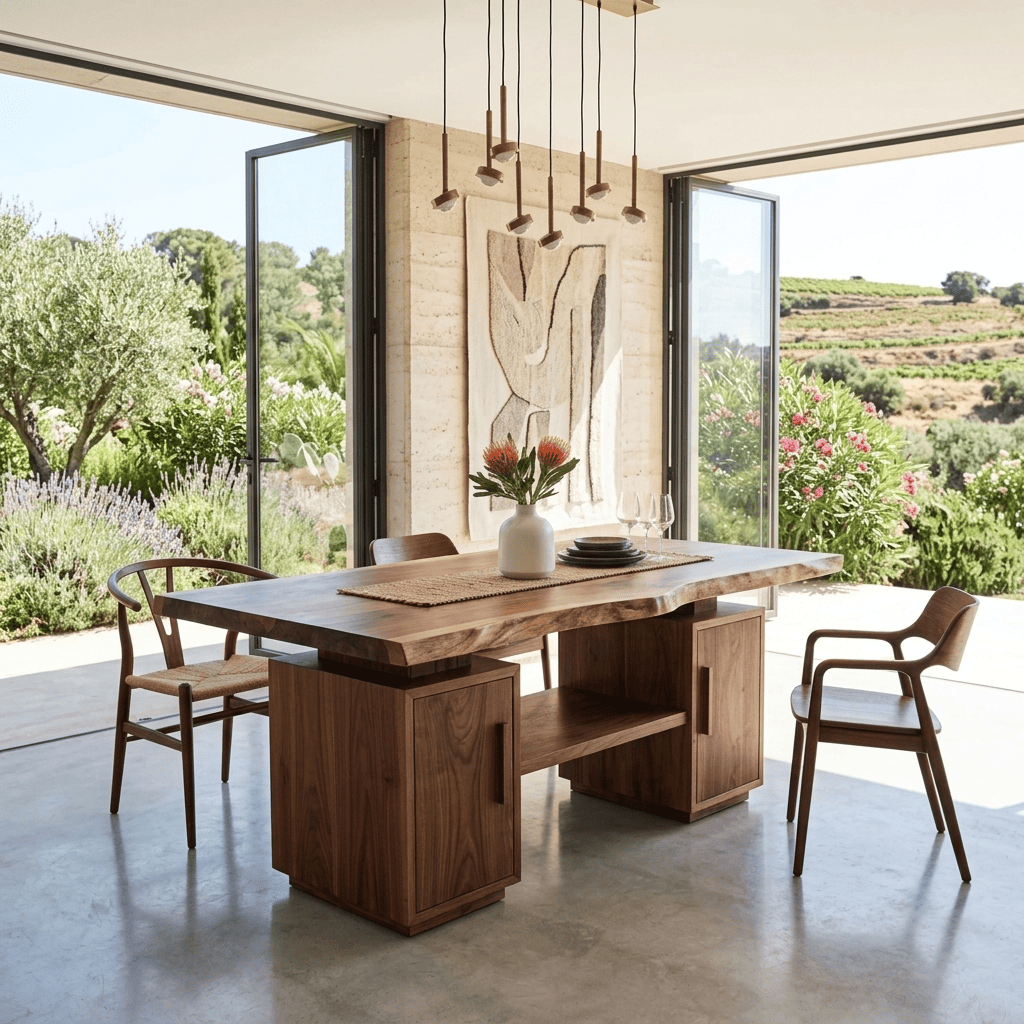 Organic Modern Live Edge Solid Wood Dining Table - Handcrafted Slab Table with Dual Storage Pedestals