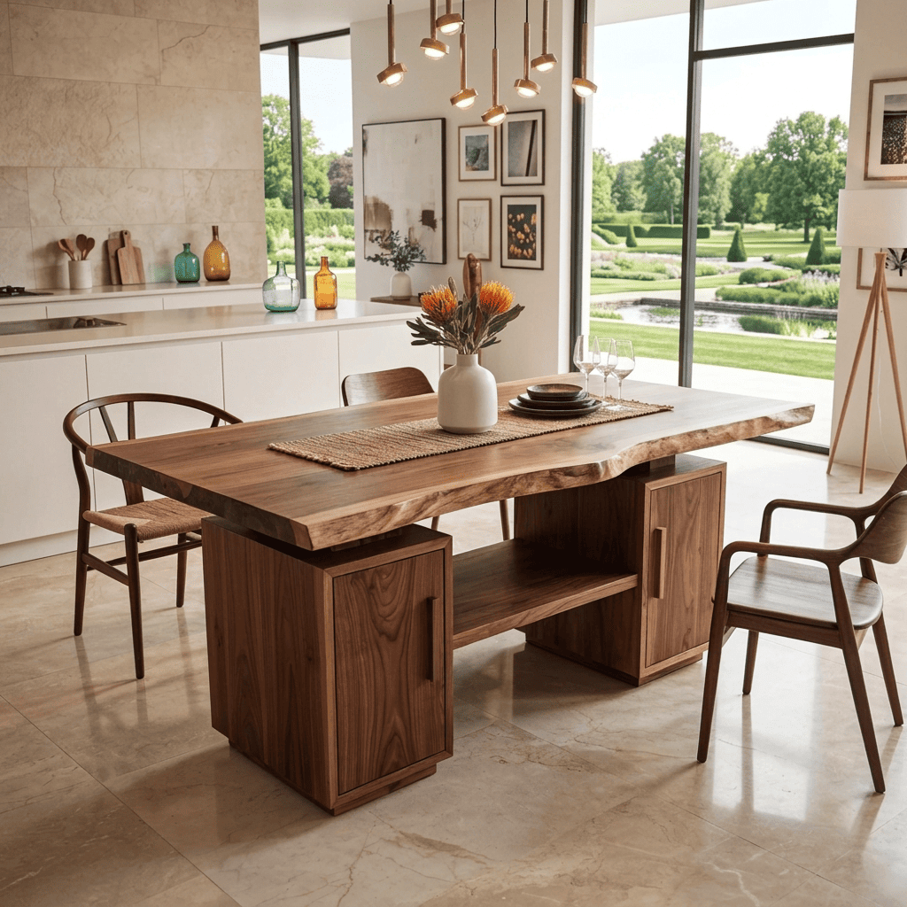 Organic Modern Live Edge Solid Wood Dining Table - Handcrafted Slab Table with Dual Storage Pedestals