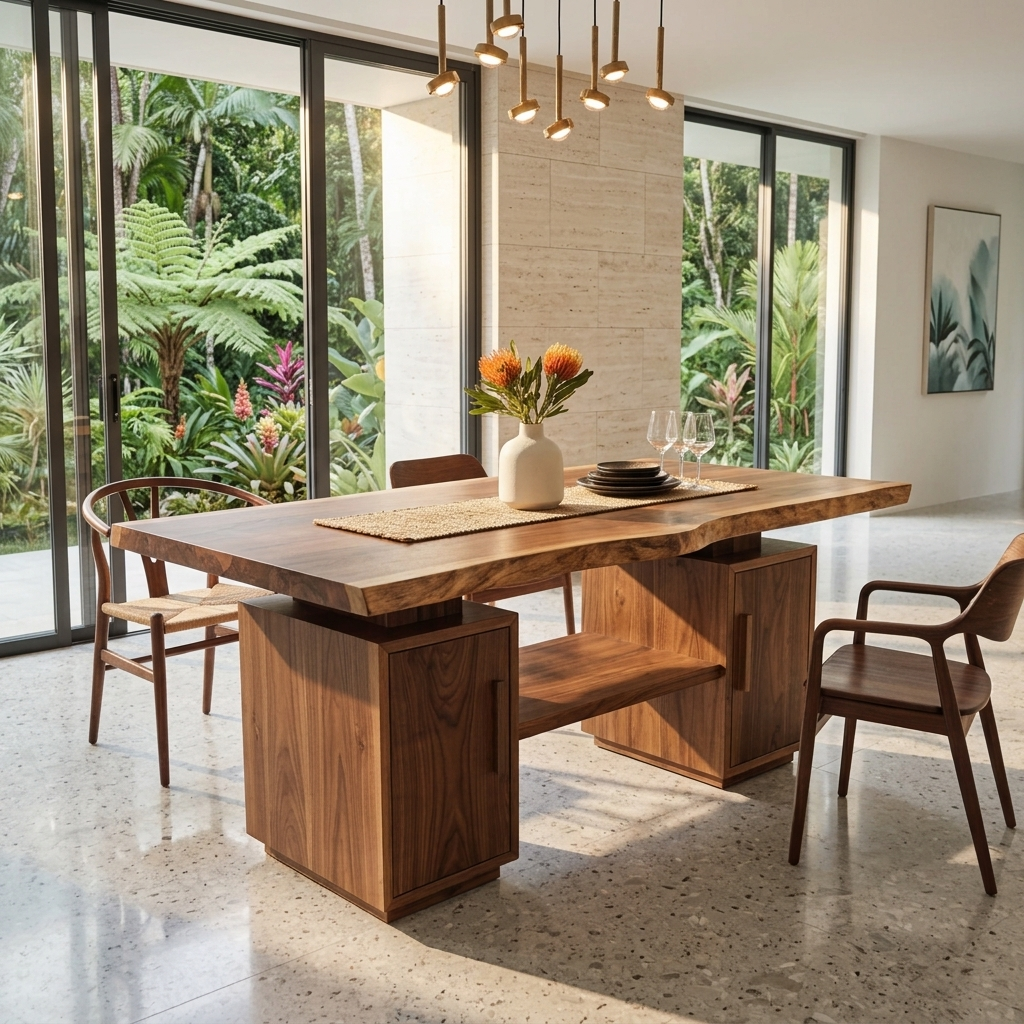 Organic Modern Live Edge Solid Wood Dining Table - Handcrafted Slab Table with Dual Storage Pedestals