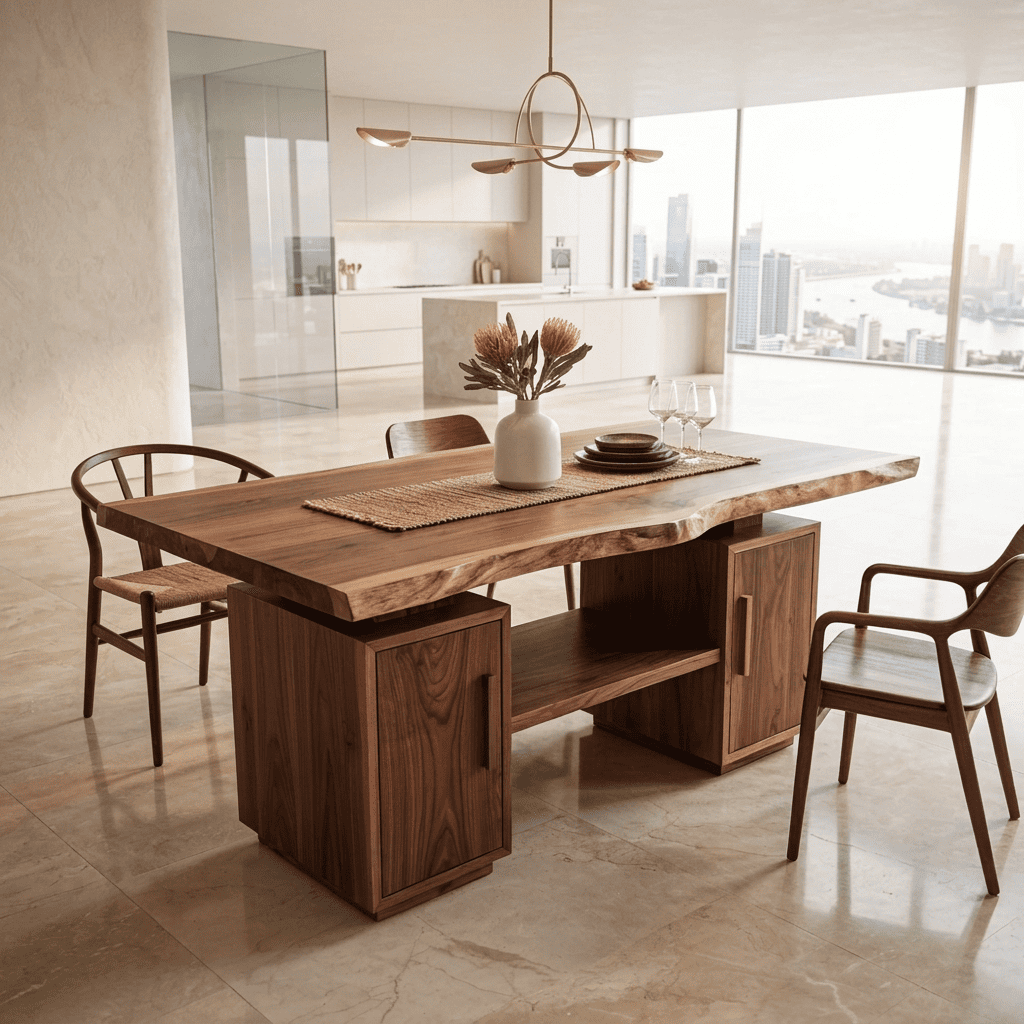 Organic Modern Live Edge Solid Wood Dining Table - Handcrafted Slab Table with Dual Storage Pedestals