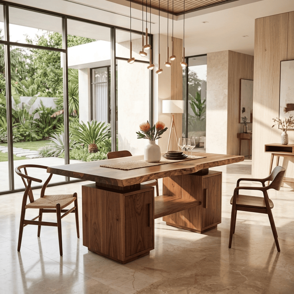 Organic Modern Live Edge Solid Wood Dining Table - Handcrafted Slab Table with Dual Storage Pedestals