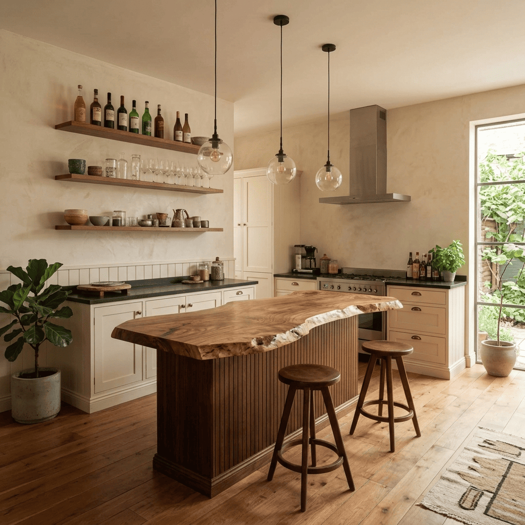 Organic modern live-edge kitchen island countertop in solid wood