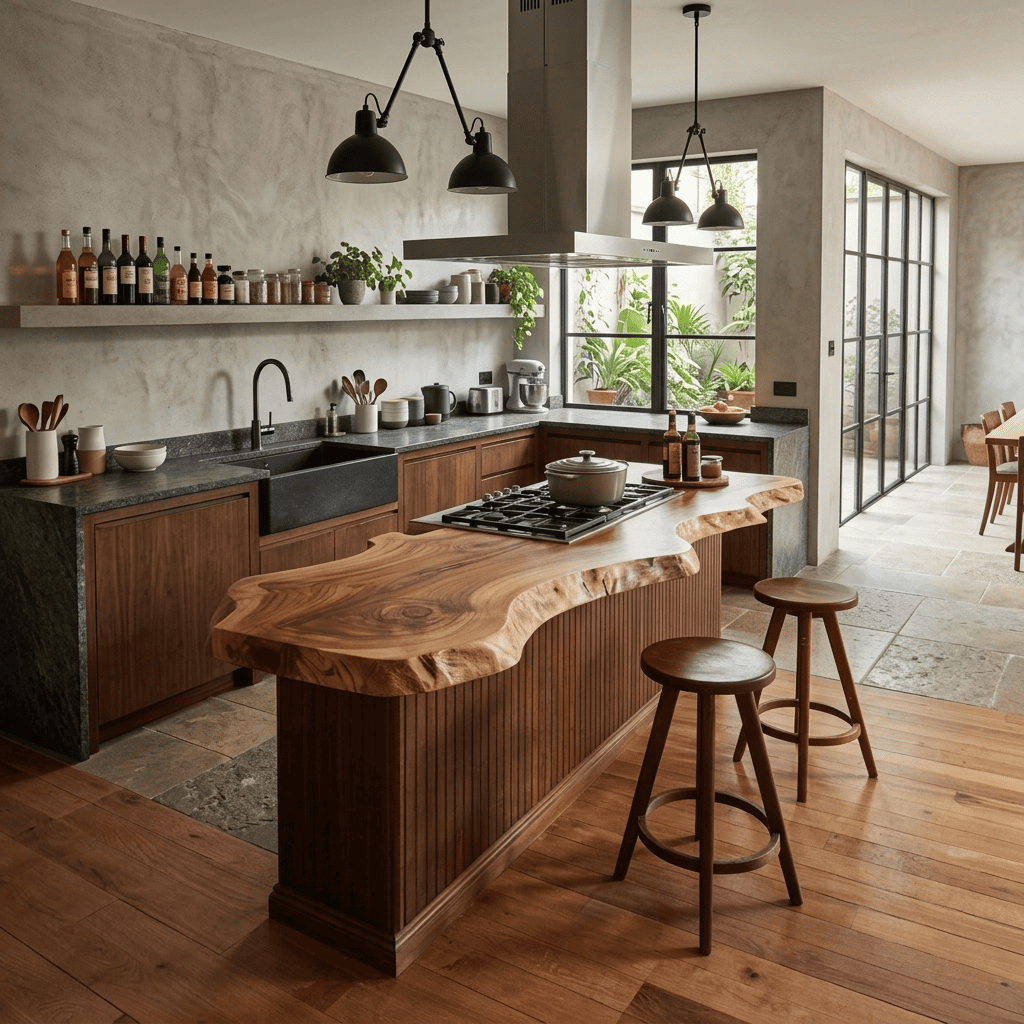 Organic modern live-edge solid wood kitchen island countertop in a contemporary kitchen