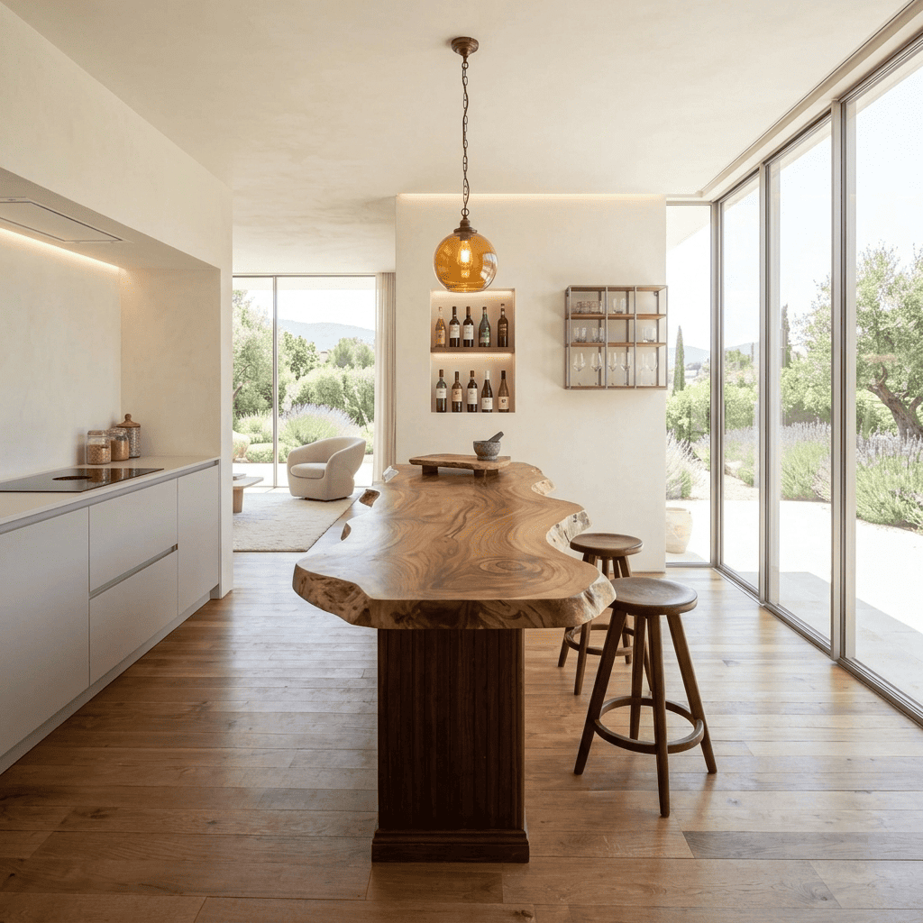 Handcrafted solid wood timber breakfast bar slab styled in a modern kitchen interior