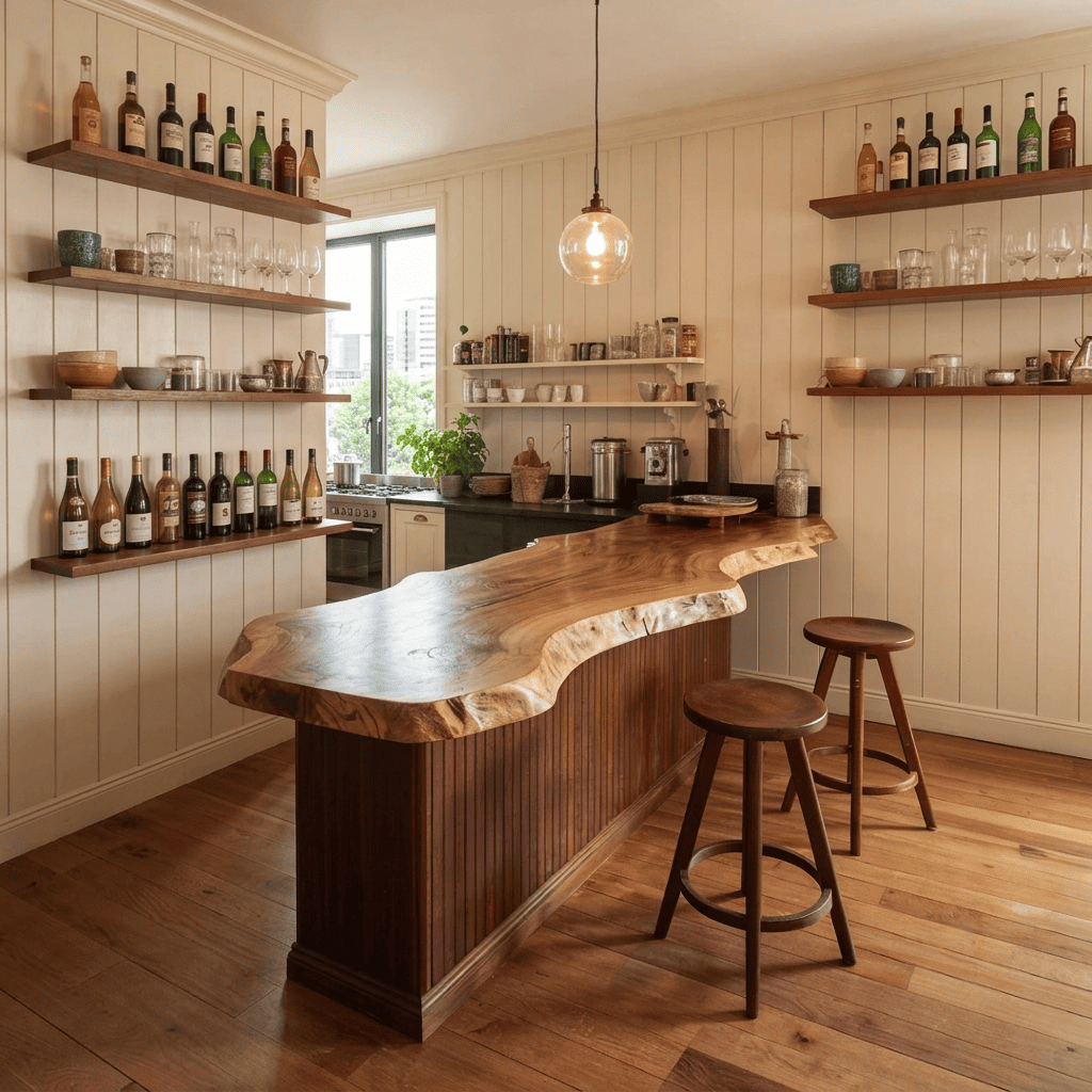 Natural live-edge solid wood island countertop displayed in a minimalist kitchen