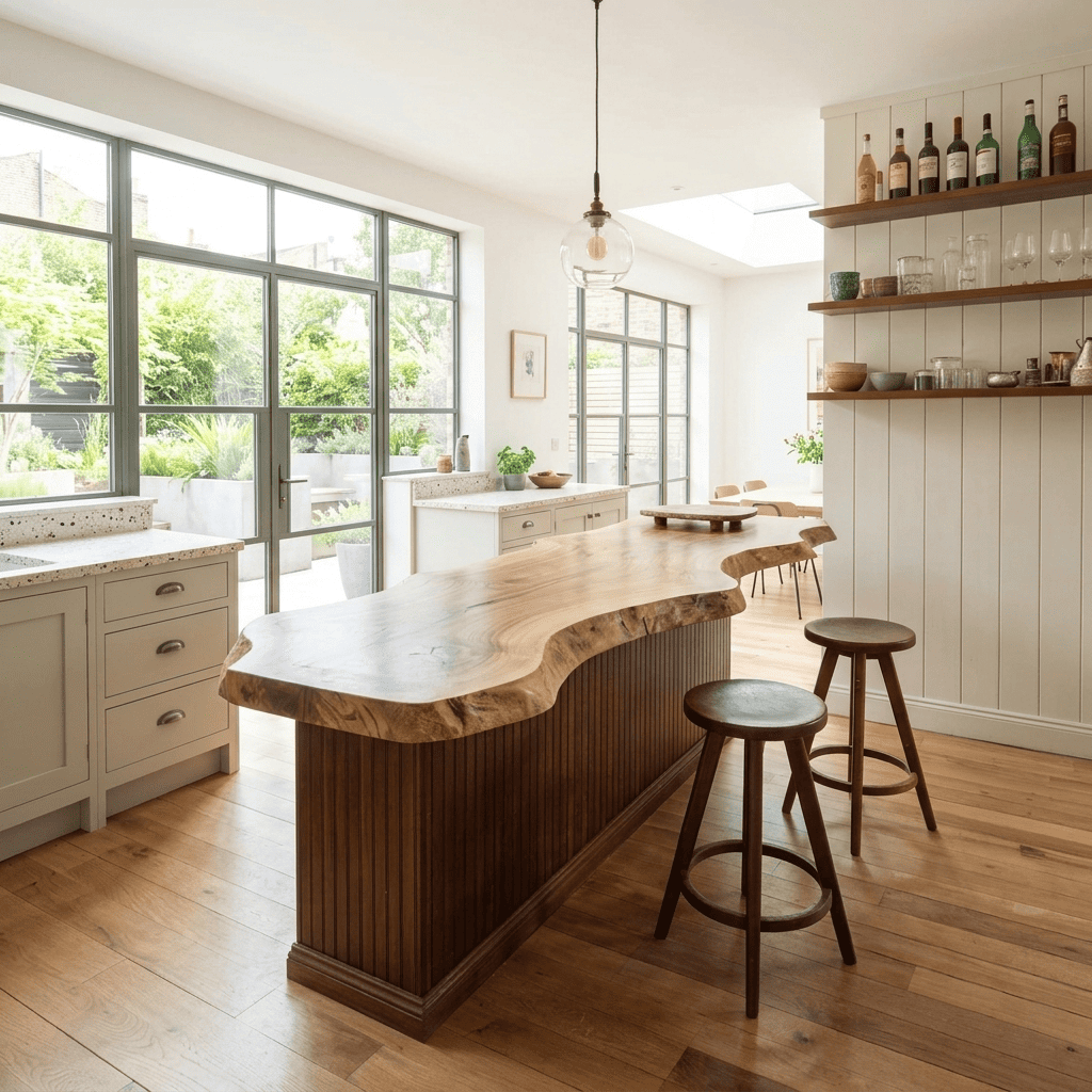 Organic solid wood breakfast bar enhancing a contemporary kitchen space