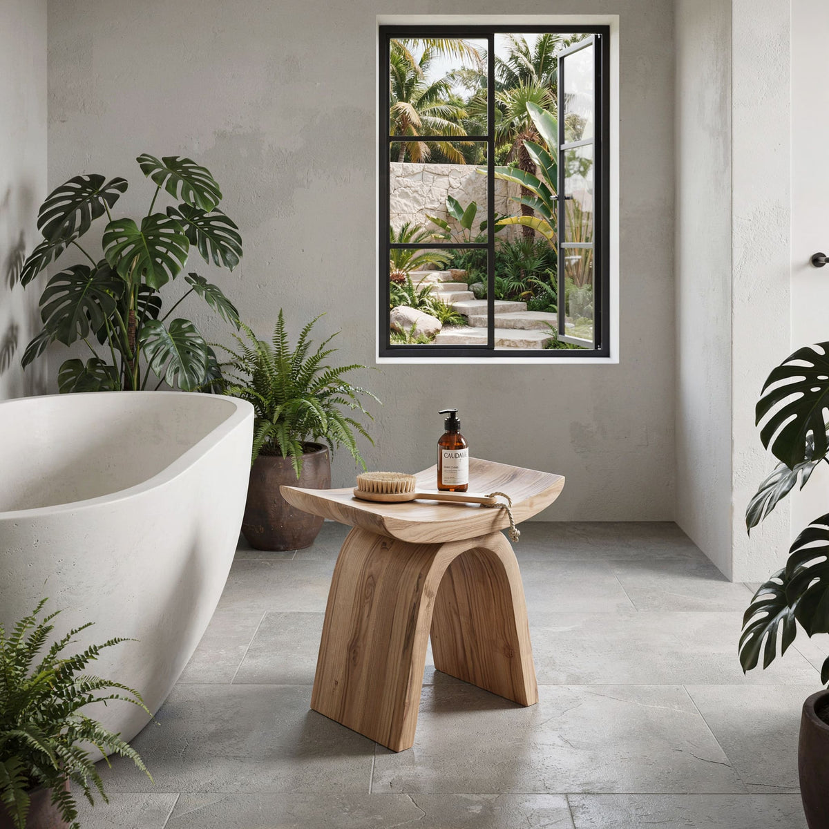 Organic modern bathroom stool styled beside a freestanding bathtub in a minimalist bathroom
