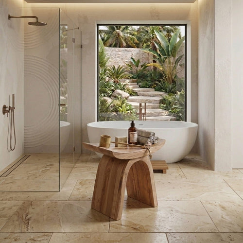 Organic Modern Shower Stool With Sculptural Wood Base For Bathroom